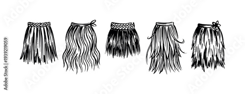 Five hand-drawn black ink grass skirts in a row, showcasing different traditional Polynesian hula costume designs with braided waistbands in a sketchy, artistic illustration style