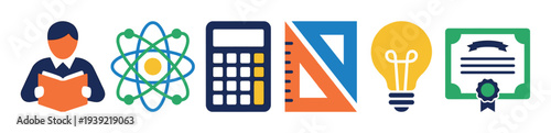 Colorful set of flat education icons representing various school subjects and academic achievement, including a student, atom, calculator, rulers, lightbulb, and diploma