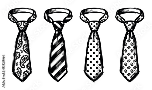 Four hand-drawn black and white neckties with various patterns like paisley and polka dots, depicted in a rough ink sketch illustration style as a collection of men's accessories