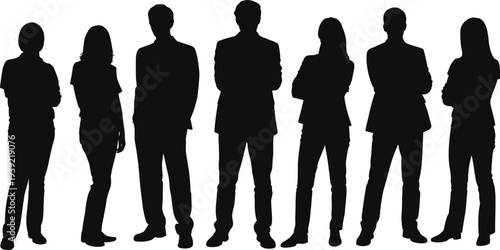 Black business people silhouettes standing, teamwork, corporate group diversity, professional attire, workplace dynamics vector illustration design for presentations