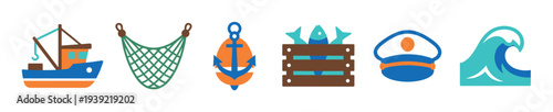 Set of colorful flat design fishing icons including a boat, net, anchor, crate of fish, captain's hat, and ocean wave, representing nautical and maritime themes