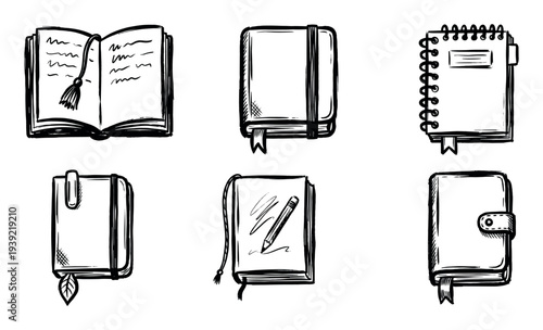 Set of six hand-drawn notebooks and diaries in a black and white doodle style, featuring various designs like spiral binding, elastic bands, and bookmarks for journaling or sketching
