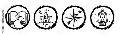 Four black hand-drawn adventure and fantasy icons in a set with a storybook, medieval castle, compass, and lantern, illustrated in a rough ink sketch style for storytelling