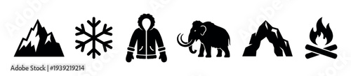 Black silhouette icons of Ice Age elements including a woolly mammoth, warm parka, campfire, cave, snowflake, and mountain range in a minimalist graphic style