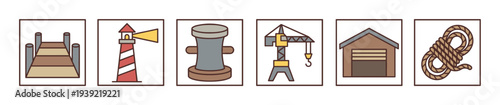Harbor and port themed icon collection featuring a dock, lighthouse, mooring bollard, crane, warehouse, and nautical rope in a minimalist flat design illustration