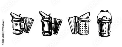Set of four hand-drawn bee smokers for beekeeping, illustrated in a black and white ink sketch style showing different designs of the apiculture equipment for calming bees