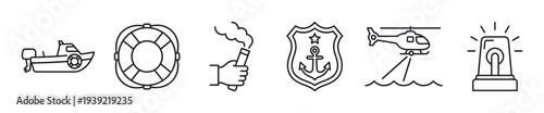 Set of coast guard and sea rescue icons including a patrol boat, lifebuoy, signal flare, helicopter, and siren, rendered in a clean, minimalist black line art style