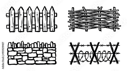 Set of four hand-drawn fences including a wooden picket, woven wattle, stone wall, and barbed wire, depicted in a simple black ink doodle illustration style