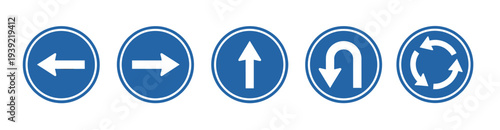 Set of blue circular road signs showing mandatory directions for traffic, including left, right, straight, u-turn, and roundabout symbols for driver information