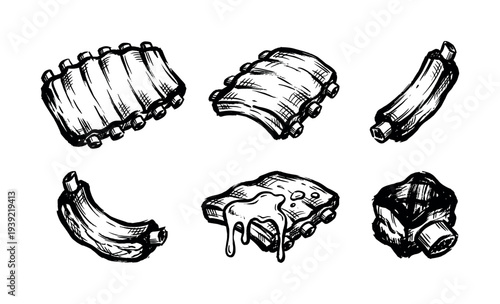 Set of six hand-drawn pork ribs illustrations in a black ink sketch style showing different cuts like a rack, single bone, and saucy barbecue meat for a menu
