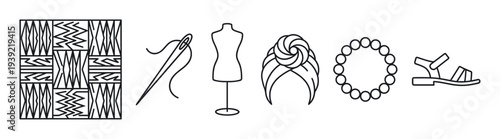 Set of black line art icons representing fashion and accessories including an ethnic pattern, sewing needle, mannequin, turban, beaded bracelet, and sandal in a minimalist graphic style