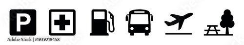 Set of black travel service icons representing parking, first aid, a gas station, bus transport, an airport, and a rest area, designed as simple pictograms for maps or signage
