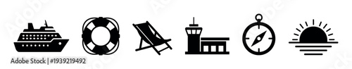Set of black travel and vacation icons featuring a cruise ship, lifebuoy, deckchair, airport, compass, and sunrise in a minimalist silhouette style