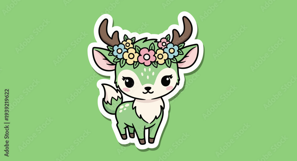 Fototapeta premium Cartoon Deer With Floral Crown Stands Against Solid Green Backdrop Brightly