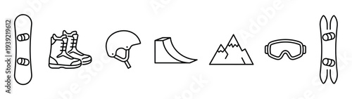 Set of black line art icons for snowboarding and winter sports activities, featuring a snowboard, boots, helmet, ramp, mountain, and goggles in a clean, minimalist style