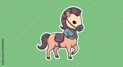 Cartoon horse trotting with saddle, eyes forward, mint green bright backdrop
