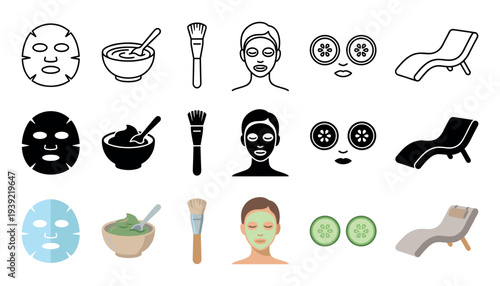 Set of facial treatment and spa icons presented in three distinct visual styles: outline, solid silhouette, and full color flat vector illustration
