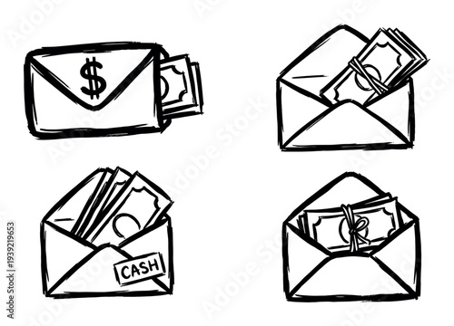 Set of four hand-drawn doodle icons showing envelopes filled with cash money for salary, payment, or bonus concepts, illustrated in a simple black and white sketch style