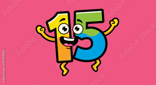 Playful Cartoon Illustration of Number 15 Characters on Bright Pink Scene!