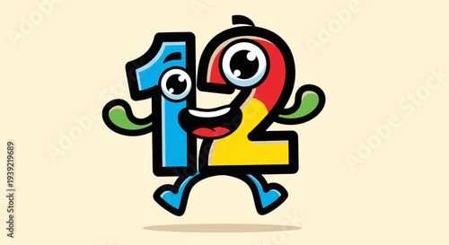 Cartoon Numbers 1 & 2 Outstretched in Blue and Red Green Hands on Yellow fun