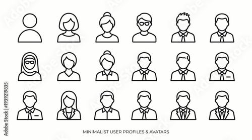 Minimalist line icons set of diverse professional user profiles including corporate executives and office employees, concept for web interface, team directory and business contact management