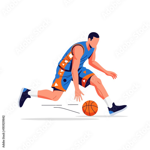 Dynamic Basketball Player Dribbling Ball in Action - Flat Illustration