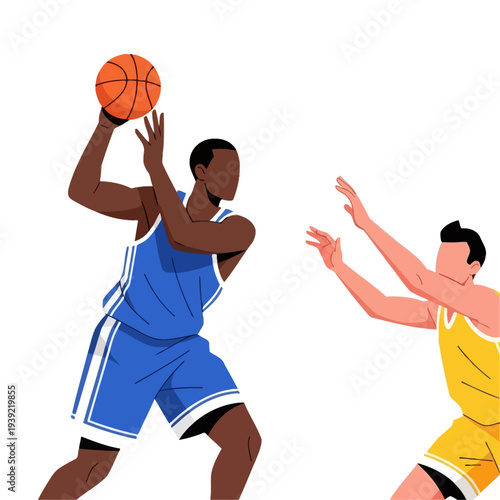 Basketball Player Shooting Ball Against Opponent Defense, Dynamic Sports Illustration