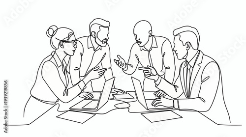 Continuous line drawing of project managers and creative directors discussing strategy with laptops, concept for corporate teamwork, business brainstorming and digital startup productivity