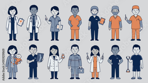 Collection of diverse medical professional characters including doctors, nurses and surgeons, concept for healthcare infographics, medical staff recruitment and hospital service promotion