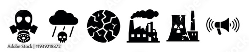 Set of black silhouette disaster icons representing environmental pollution, with a gas mask, acid rain, cracked earth, factory smoke, nuclear accident, and megaphone