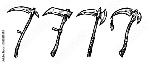 Set of four hand-drawn scythes with different fantasy designs, illustrated in a black ink sketch style for concepts of death, reaping, or medieval combat weapons