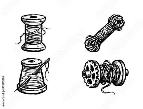 Set of four hand-drawn sewing and craft icons featuring spools of thread, a needle, and a hank of rope in a black and white sketch style illustration