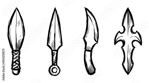 Set of four hand-drawn daggers and knives in a black ink sketch style, featuring various fantasy and ninja weapon designs for role-playing games or concept art