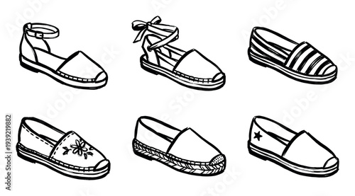 Collection of six different hand-drawn espadrille shoes in a black and white ink sketch style, showcasing various designs like ankle straps, ties, stripes, and floral patterns