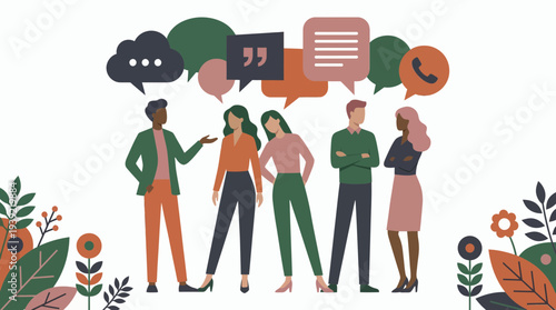 Diverse business executives and professional managers talking with colorful speech bubbles and icons, concept for corporate communication, team brainstorming and social media networking