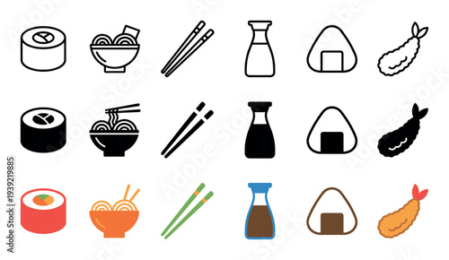 Japanese food icon set with sushi, ramen, and onigiri in three different styles: outline, solid black silhouette, and flat color vector illustration