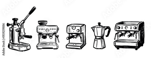 Collection of various coffee machines and makers in a hand-drawn sketch style, including espresso machines, a lever press, and a moka pot for brewing hot beverages