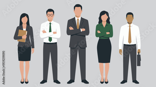 Diverse group of executive directors, corporate lawyers and office managers standing in formal suits, concept for recruitment banner, company leadership and human resources presentation