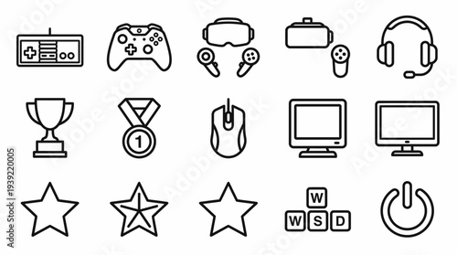 minimalist black line icons set of video game equipment including controllers, vr headset, trophy and monitor, concept for esports branding, gaming app design and digital entertainment
