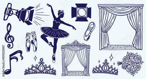 Ballet dancer performing on stage with theatrical elements and accessories for a grand performance