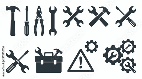 Flat black silhouette icons of hammer, screwdriver, pliers, wrench, toolbox and mechanical gears, concept for professional maintenance, hardware store branding and industrial repair service