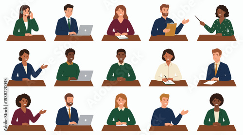 Diverse set of business professionals, managers and office employees sitting at desks with laptops in flat vector style, concept for corporate human resources, recruitment and digital workspace