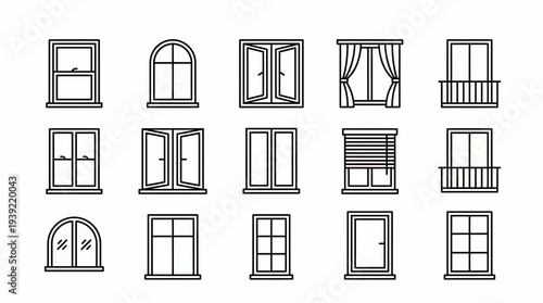 Linear window icons featuring various styles including arched casement balcony and shutter designs on white background, concept for architectural plan, interior design and real estate apps