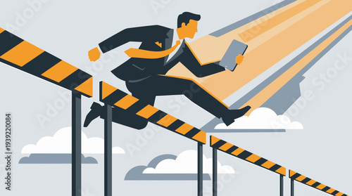 Successful corporate executive jumping over yellow hurdles while holding a tablet in minimalist vector illustration, concept for business challenge, career growth and leadership success