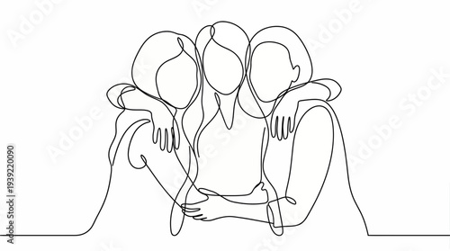 Continuous line drawing of female marketing managers embracing as a symbol of unity, concept for team collaboration, leadership empowerment and professional business partnership success