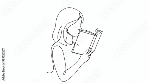 one continuous line drawing of professional female researcher reading book attentively on white background, concept for educational publishing, corporate training and academic library literature
