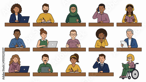 Diverse professional team of creative designers, marketing managers and project analysts working at desks with digital devices, concept for corporate inclusion, remote work and business growth