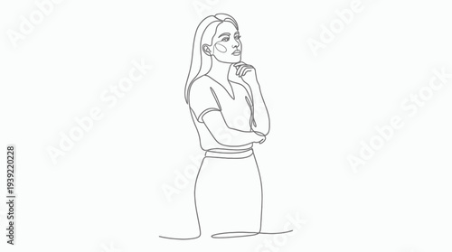 Single line art of pensive female manager in formal attire thinking deeply with hand on chin, concept for corporate problem solving, strategic planning and leadership decision making