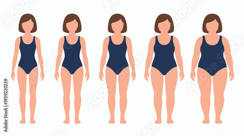 Vector illustration of five women silhouettes in blue swimsuits showing different body types from slim to plus size on white background, concept for body positivity, weight loss and female health