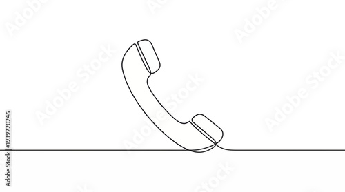 Minimalist single line drawing of a vintage telephone handset receiver on a white background, concept for customer support services, telecommunication branding and contact center icon design